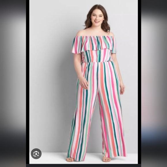 Lane Bryant Pants - Lane Bryant Pink and Green Striped Jumpsuit with Wide-Leg Design